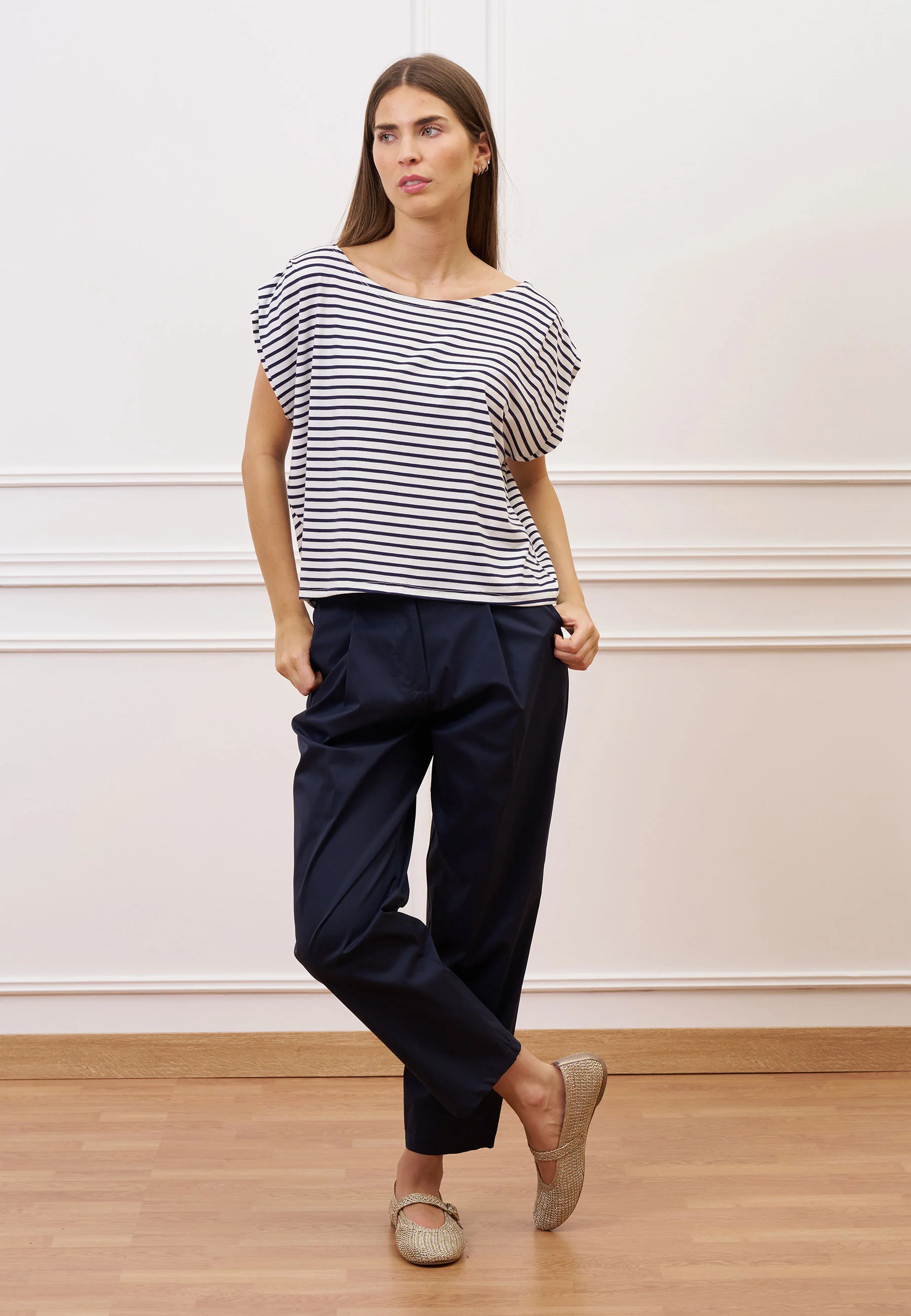 T-shirt a righe con pieghe maniche - BLU - Image 3