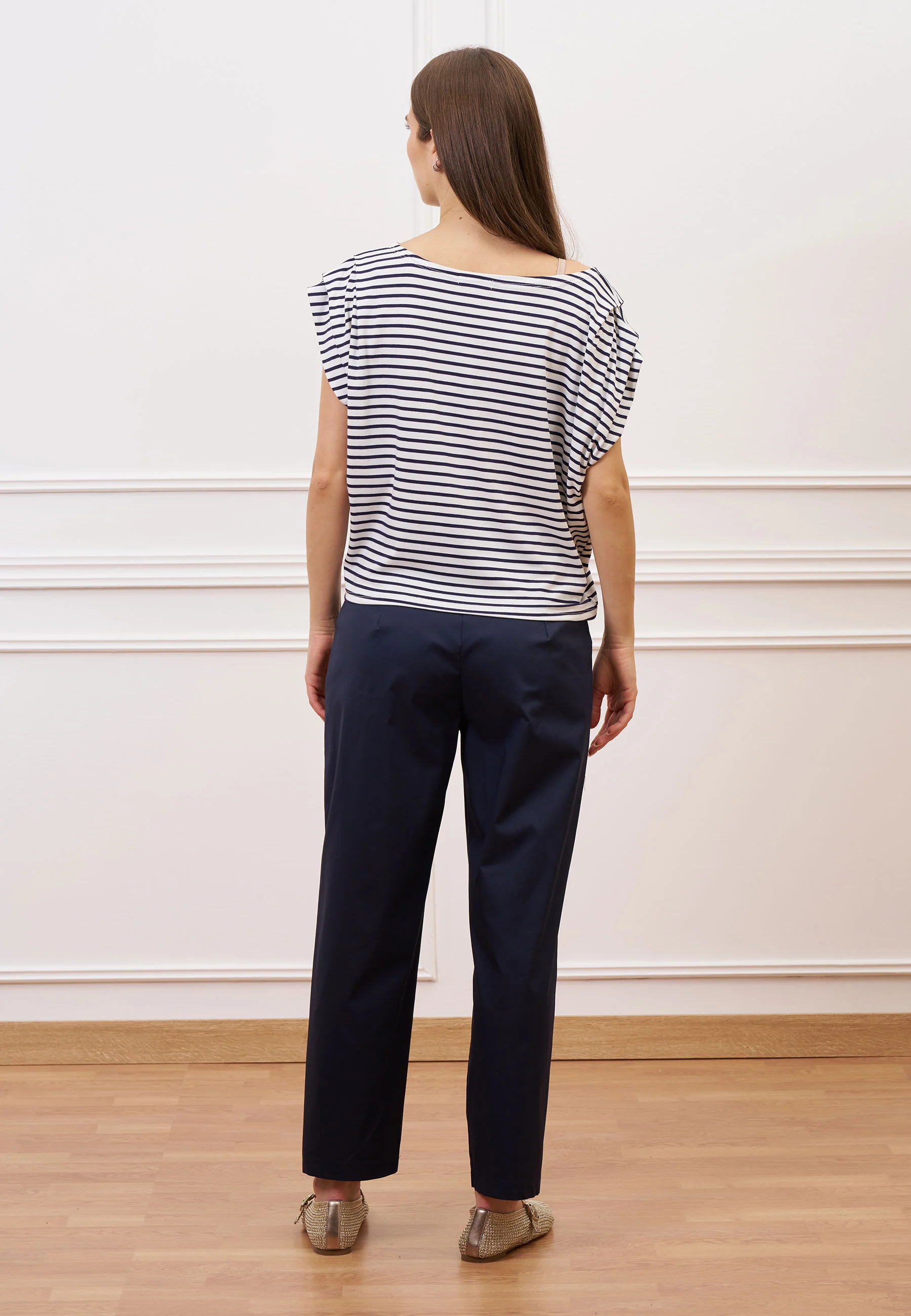 T-shirt a righe con pieghe maniche - BLU - Image 4