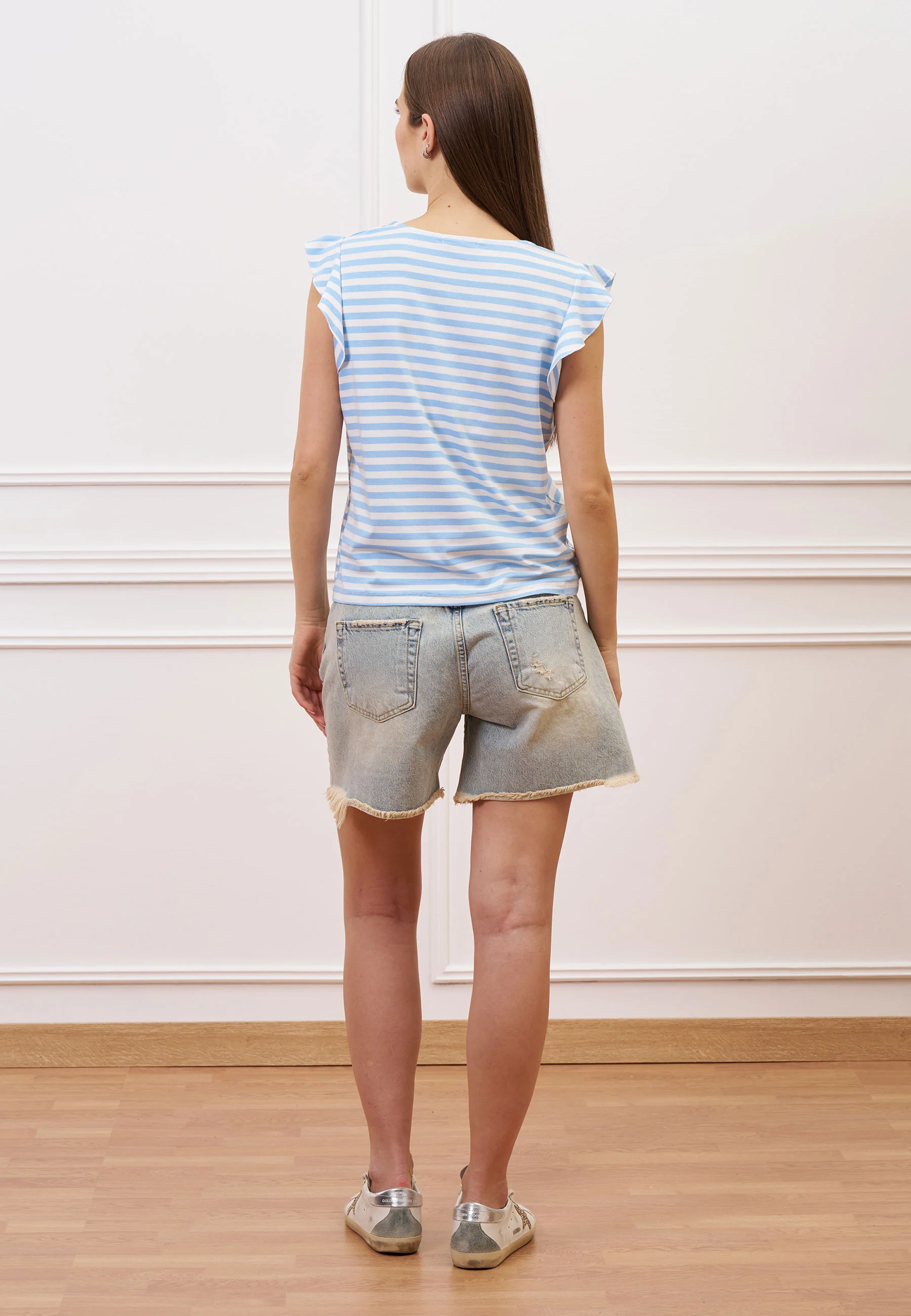 T-shirt a righe con scollo a v e volant - CELESTE - Image 5