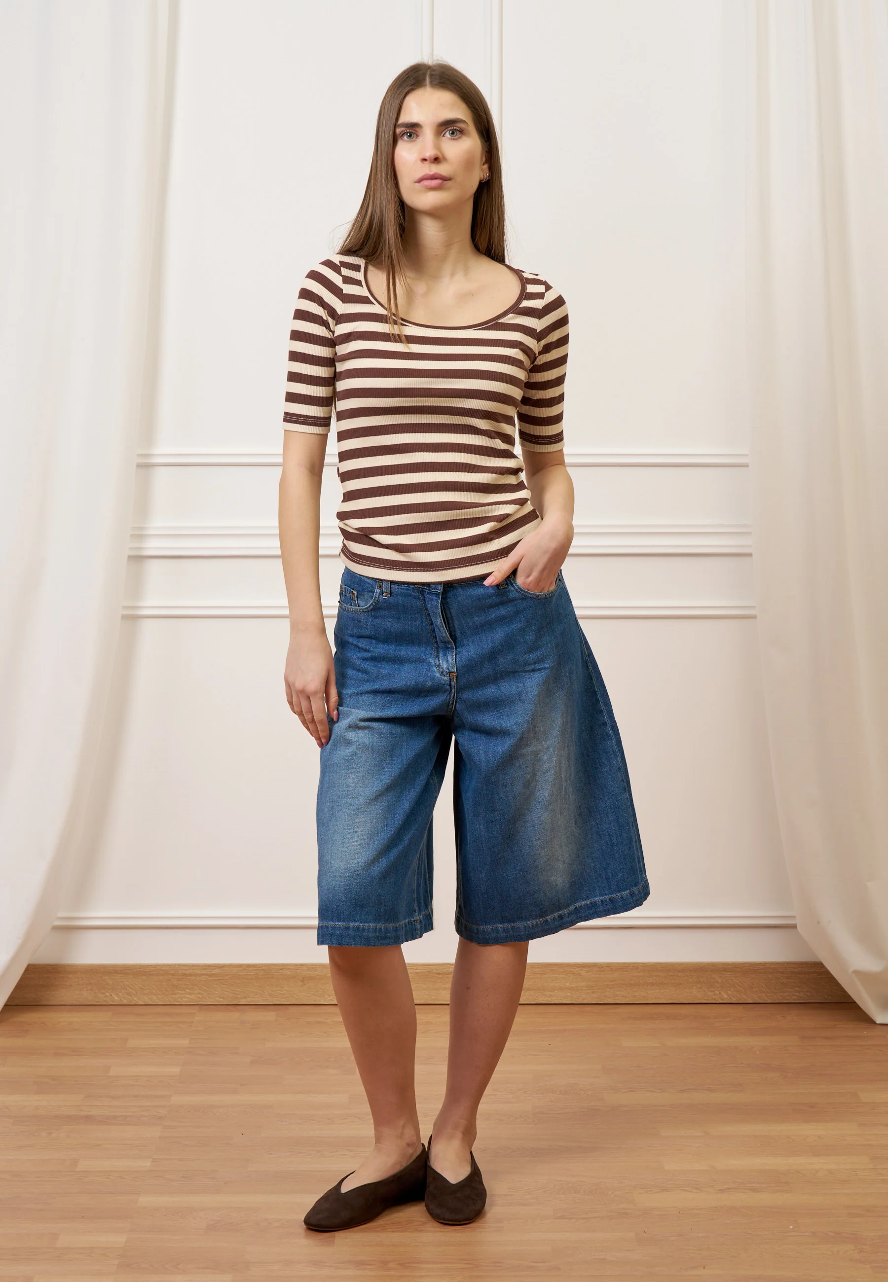 T-shirt a righe in costine stretch - MARRONE - Image 3