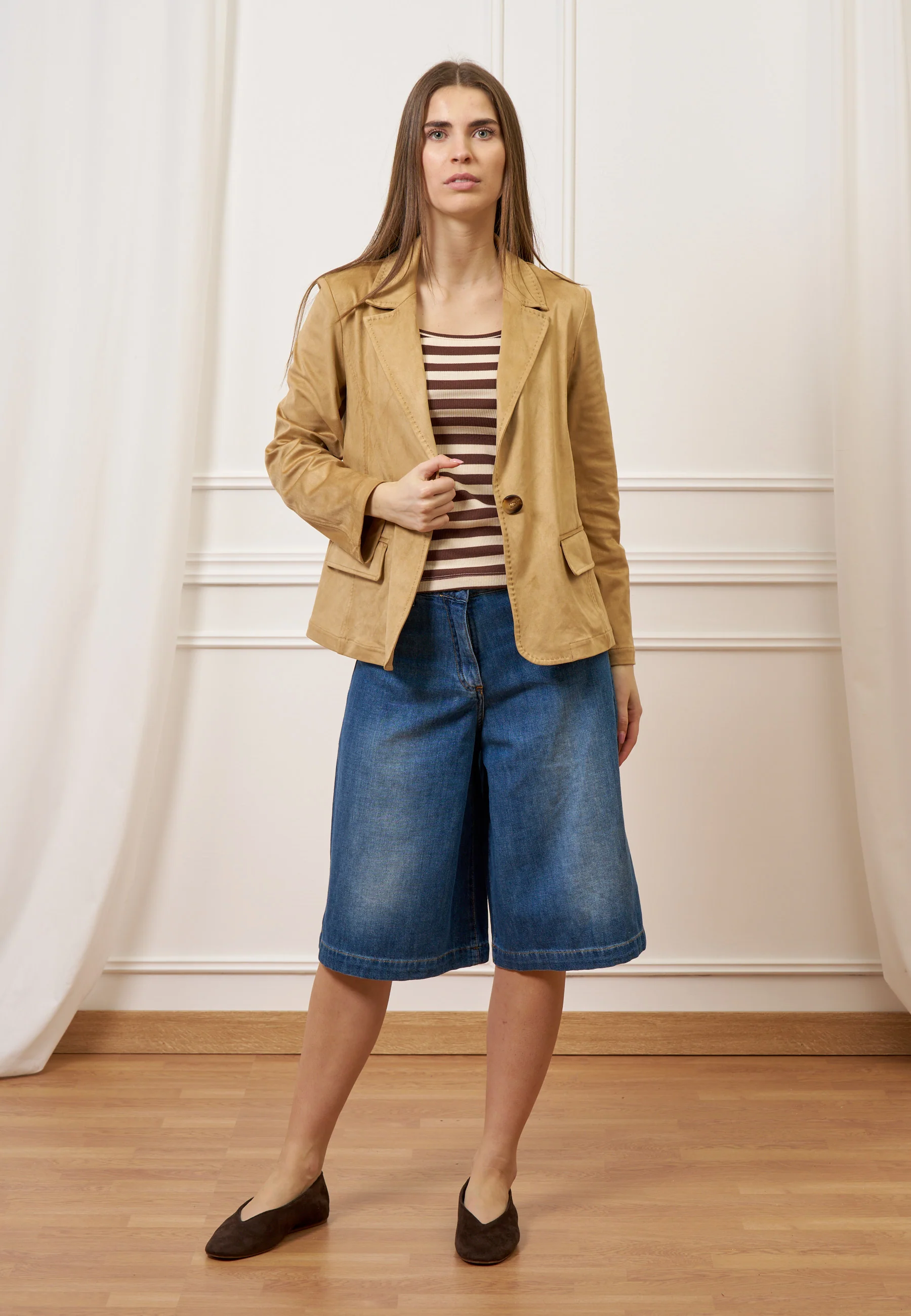 T-shirt a righe in costine stretch - MARRONE - Image 7