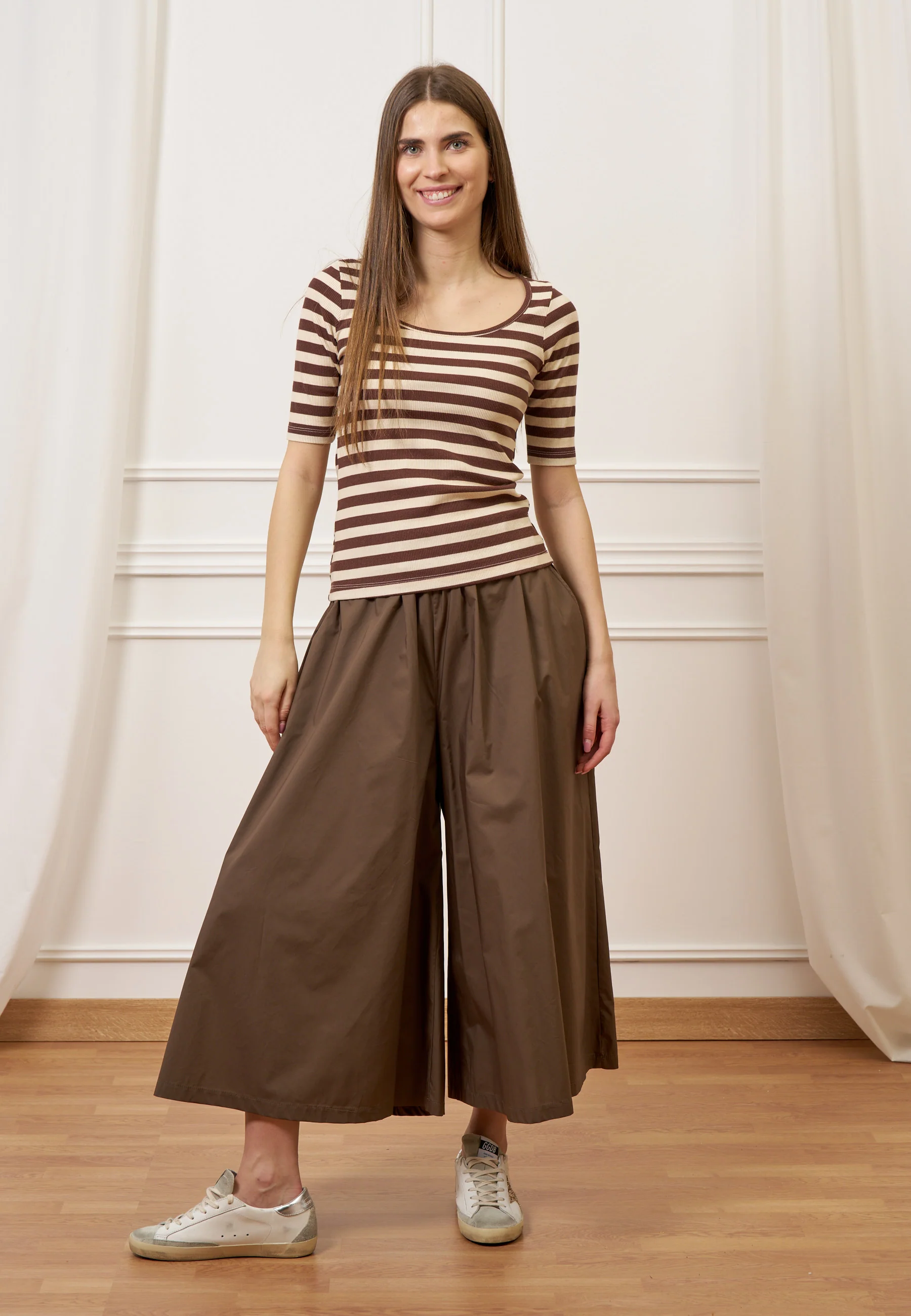 T-shirt a righe in costine stretch - MARRONE - Image 9