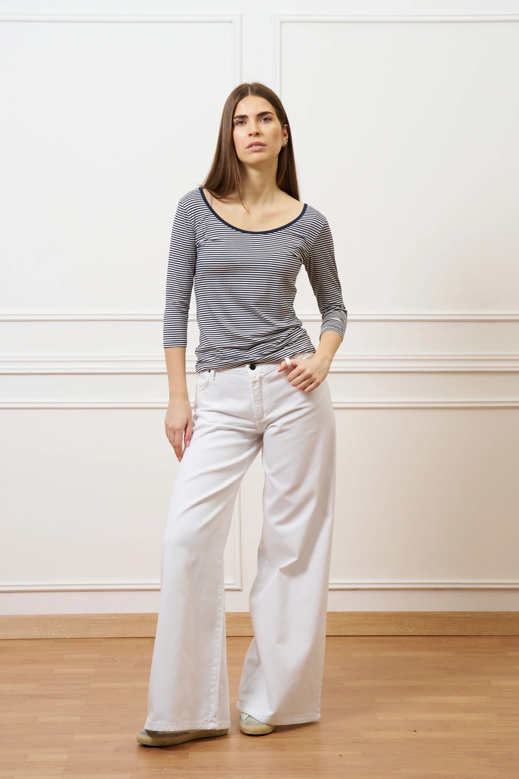 T-shirt a righe scollo bordato - AVORIO/BLU - Image 2