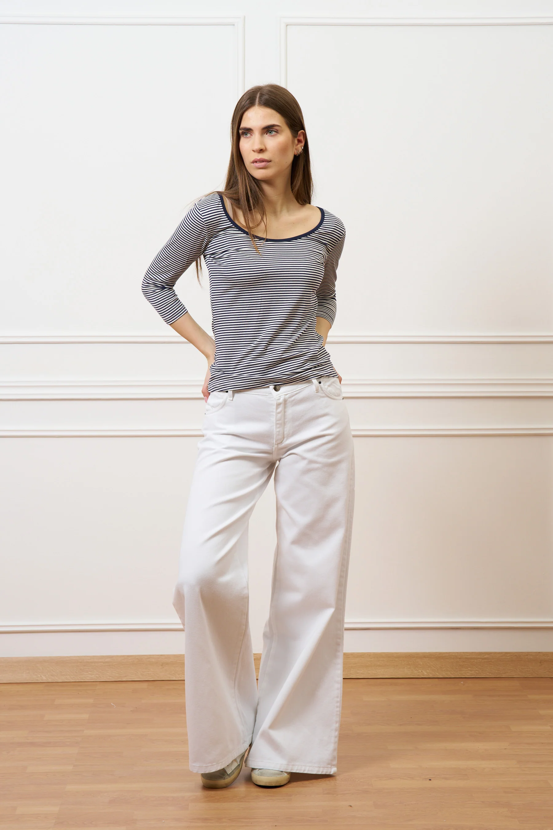 T-shirt a righe scollo bordato - AVORIO/BLU - Image 3