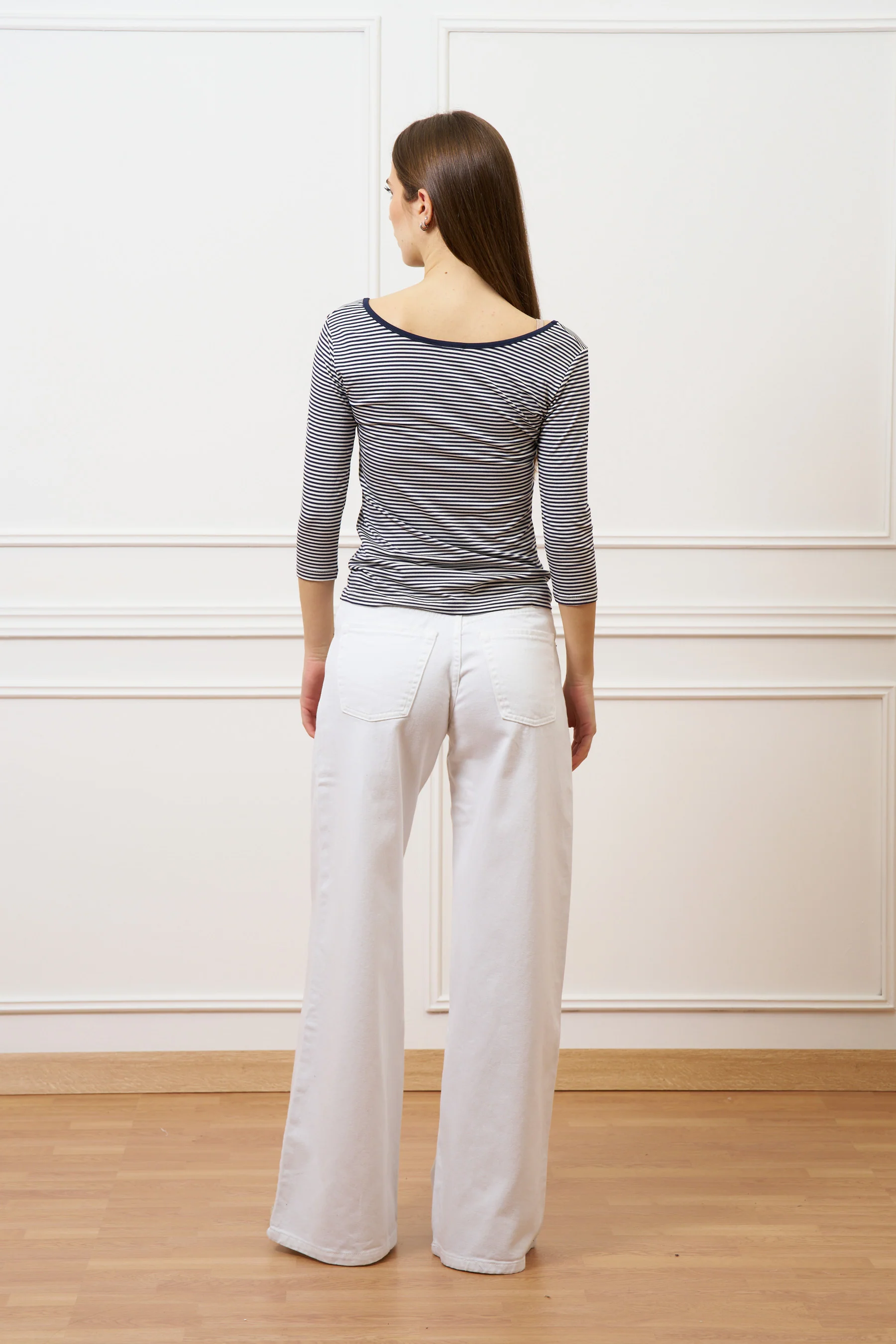 T-shirt a righe scollo bordato - AVORIO/BLU - Image 4