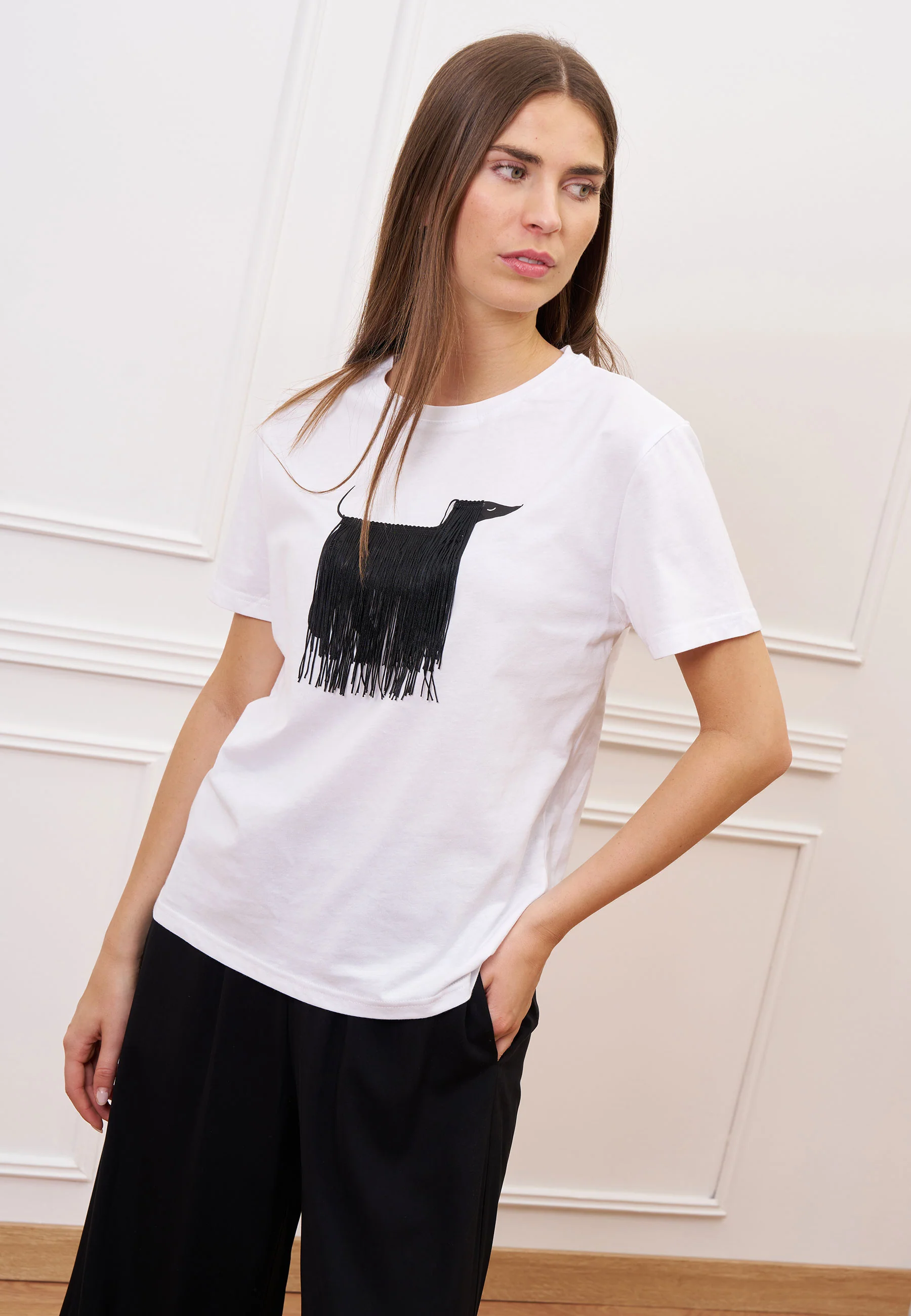 T-shirt con cagnolino frange - BIANCO