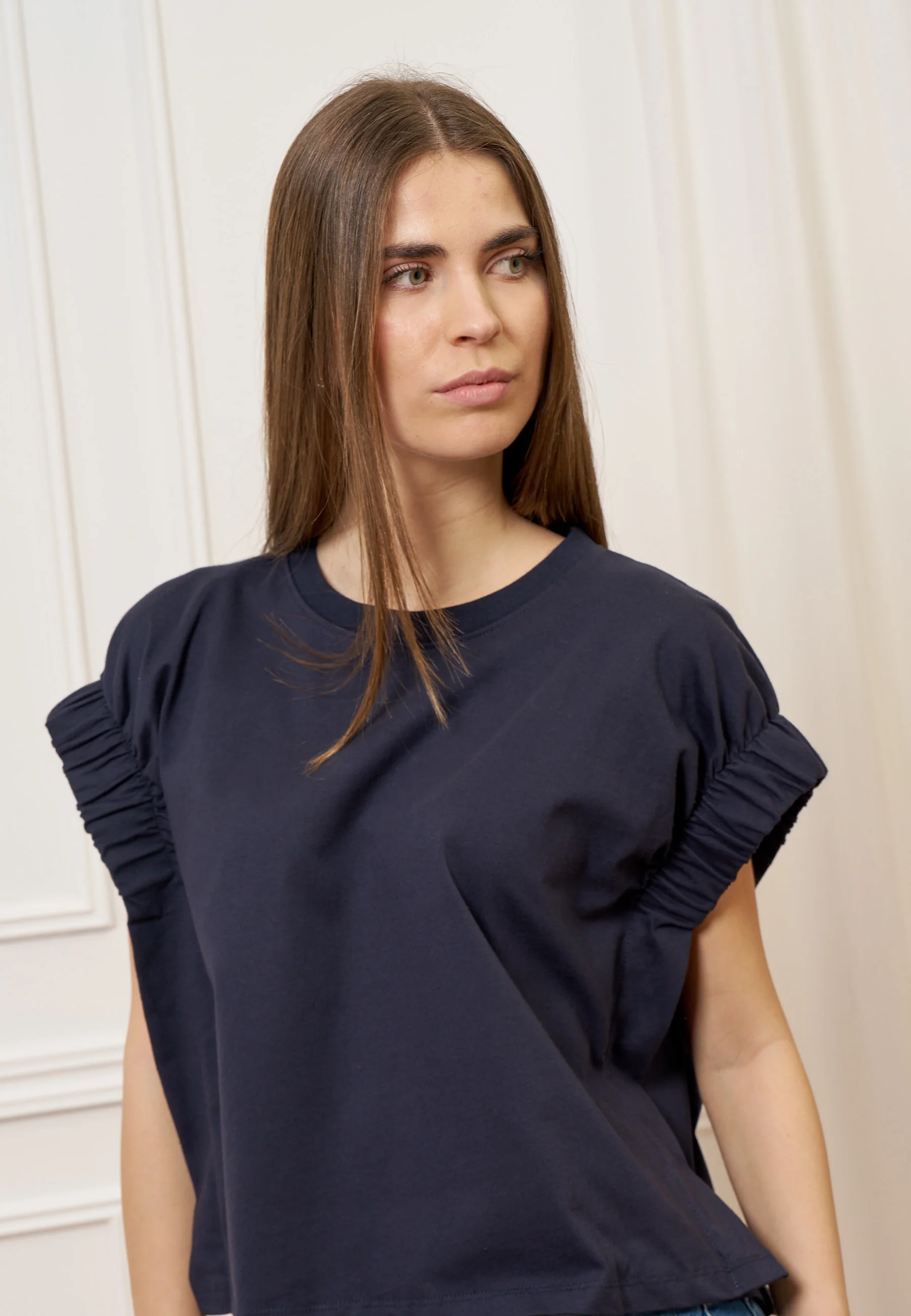T-shirt con maniche arricciate - BLU - Image 2