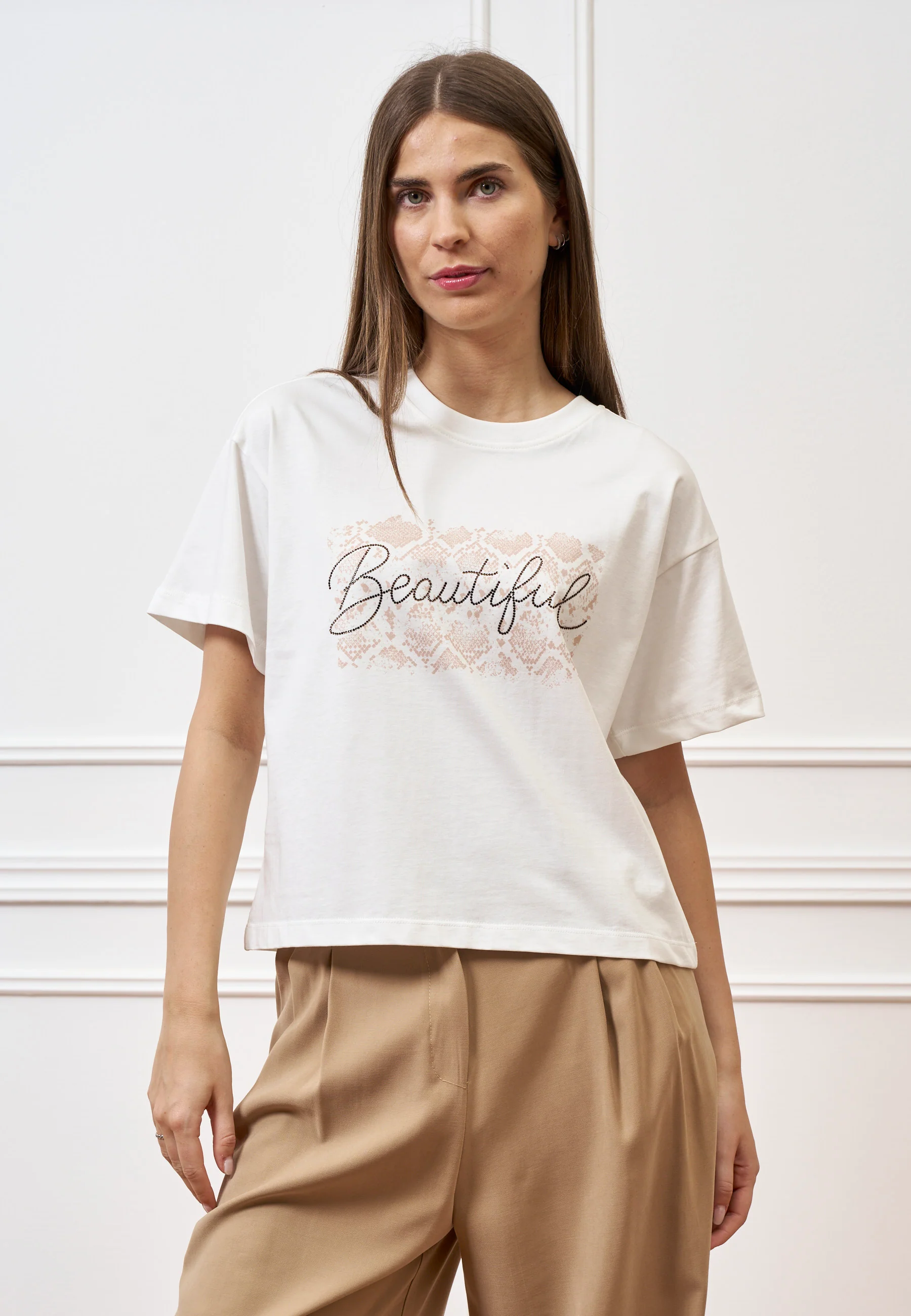 T-shirt con stampa e scritta strass - AVORIO