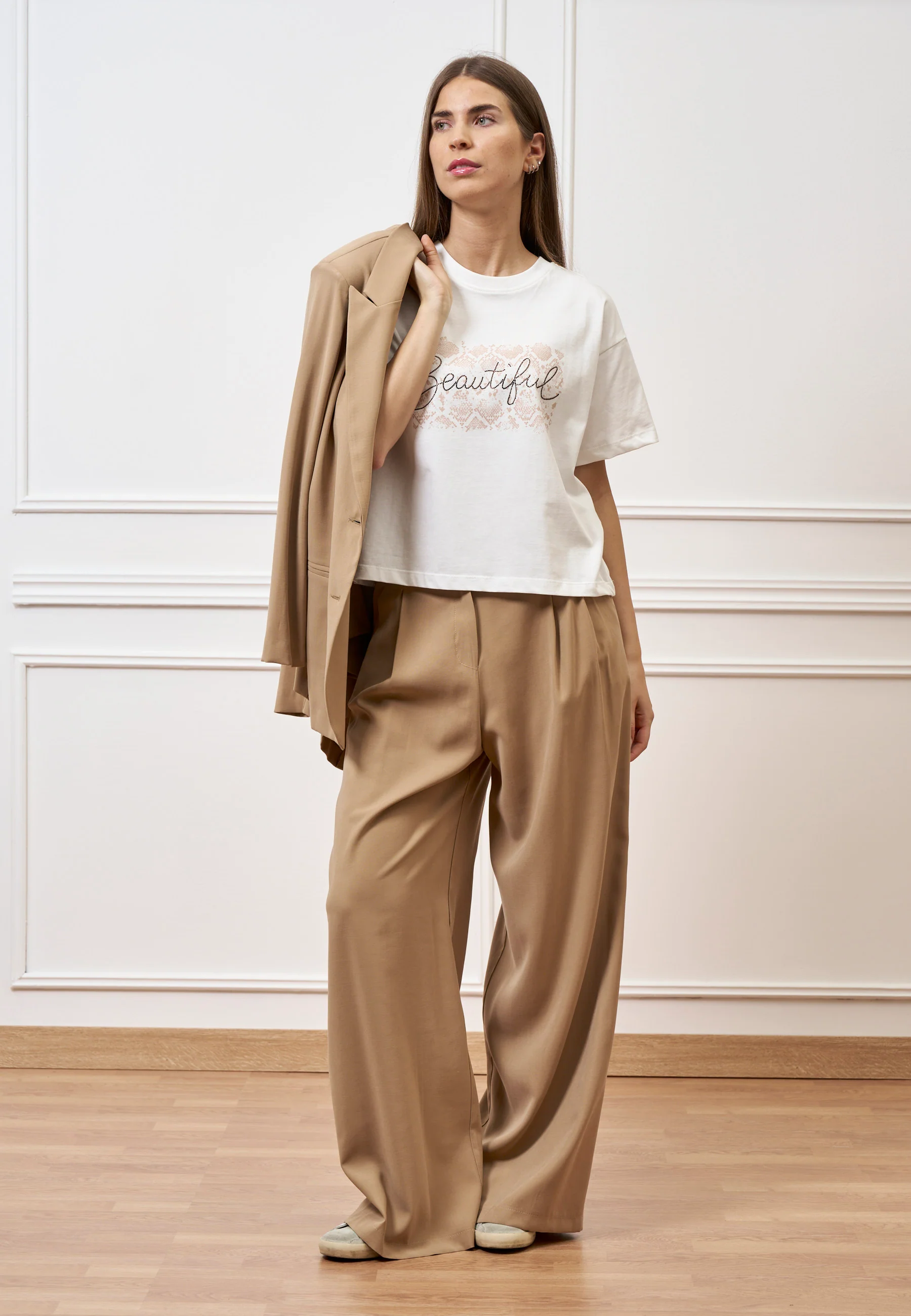 T-shirt con stampa e scritta strass - AVORIO - Image 2