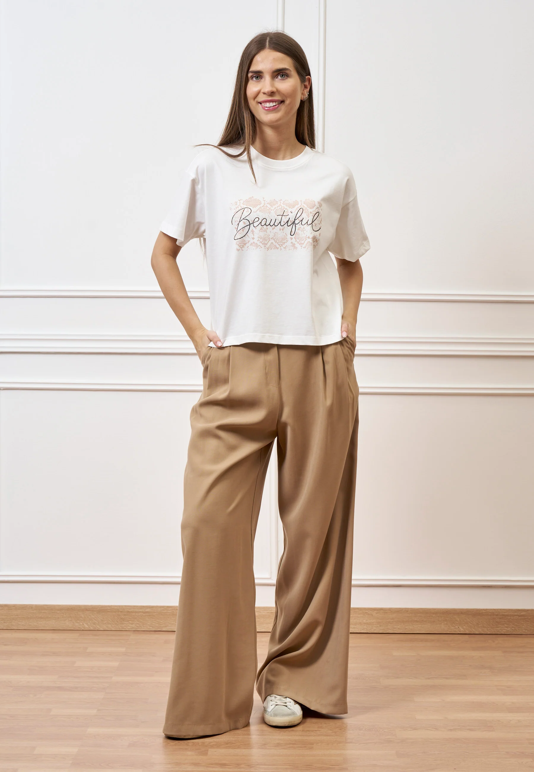 T-shirt con stampa e scritta strass - AVORIO - Image 4