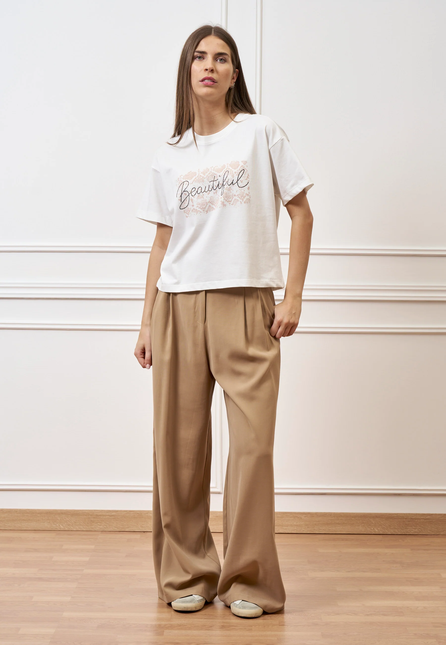 T-shirt con stampa e scritta strass - AVORIO - Image 5