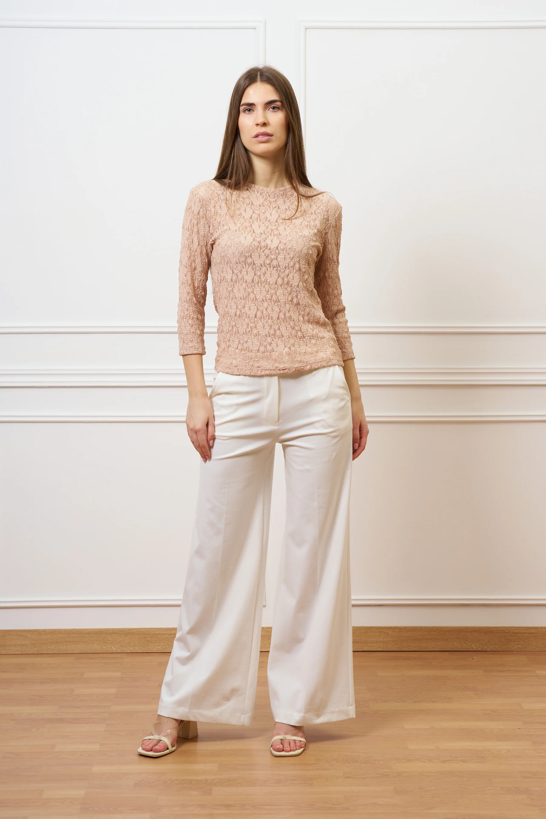 T-shirt in pizzo stretch maniche trequarti - CIPRIA - Image 4