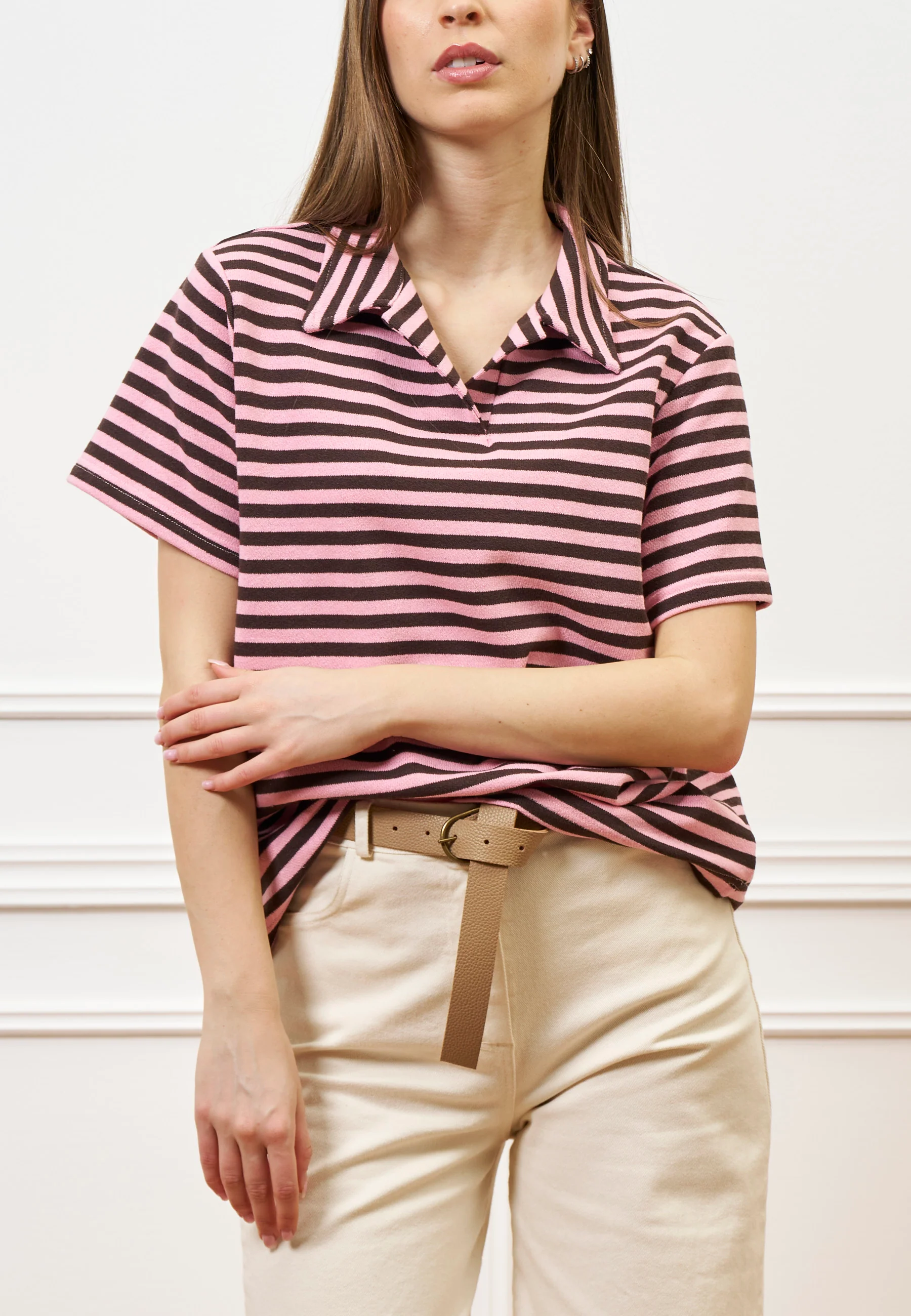 T-shirt polo a righe - ROSA