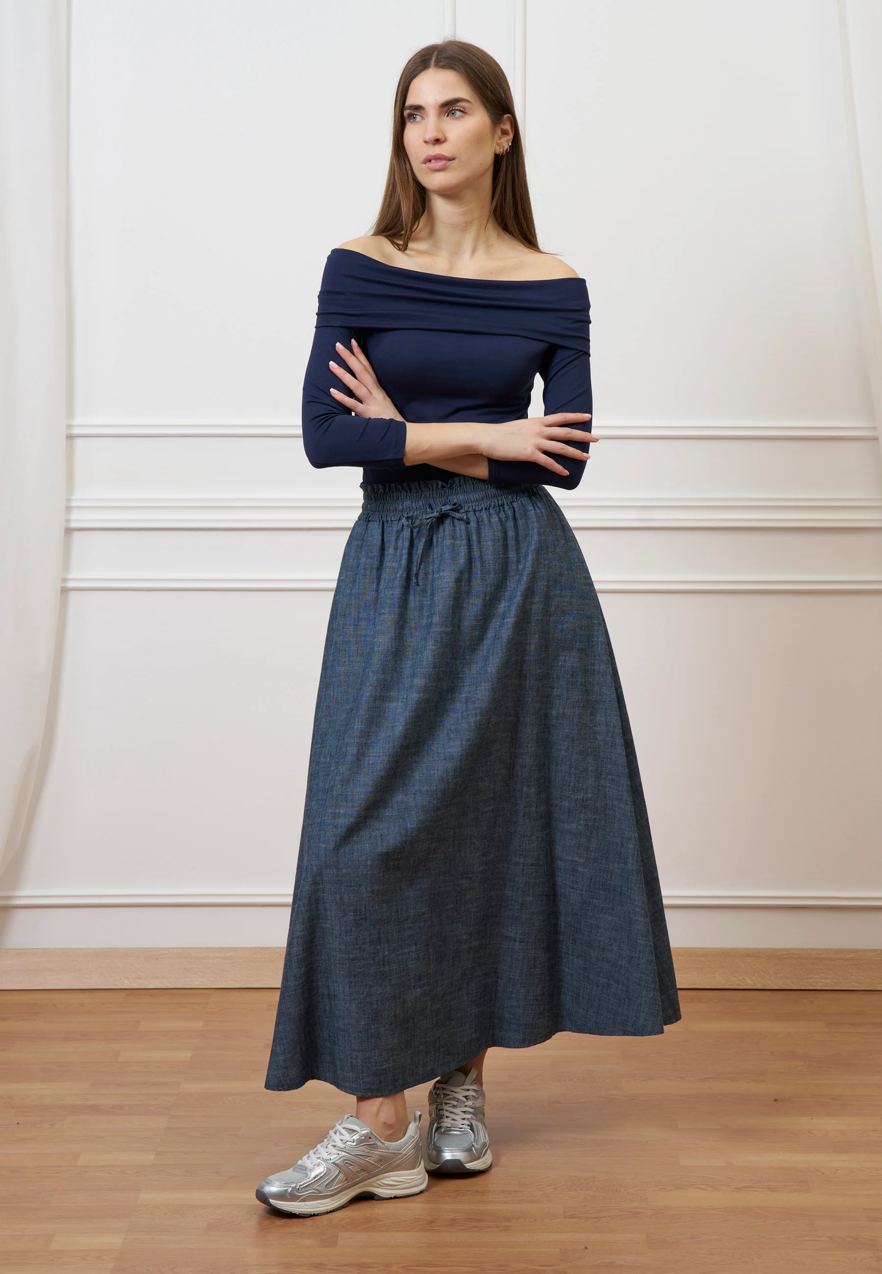 T-shirt spalle scoperte in jersey elasticizzato - BLU - Image 2