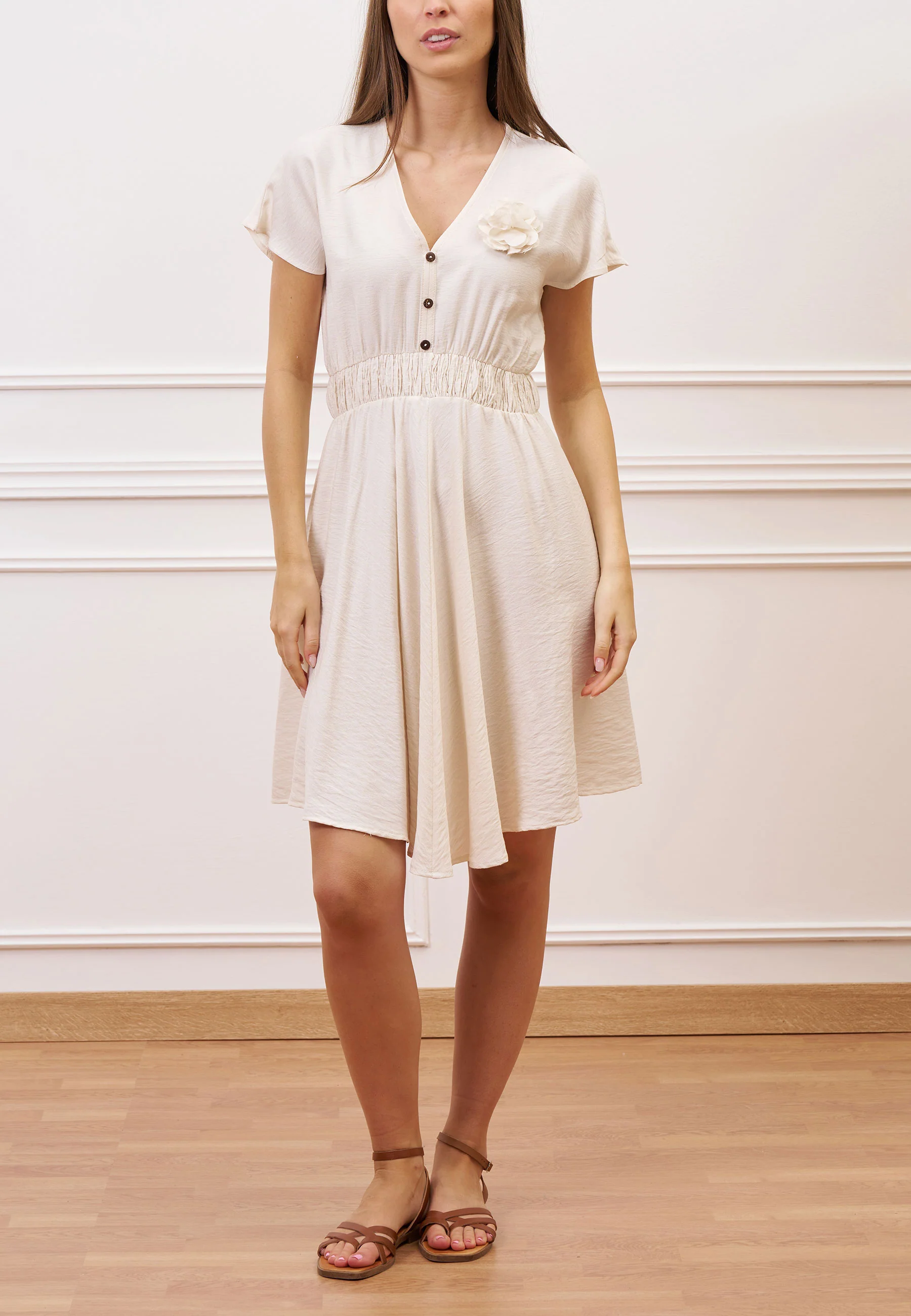 Vestito corto in viscosa con fiore - BEIGE - Image 4