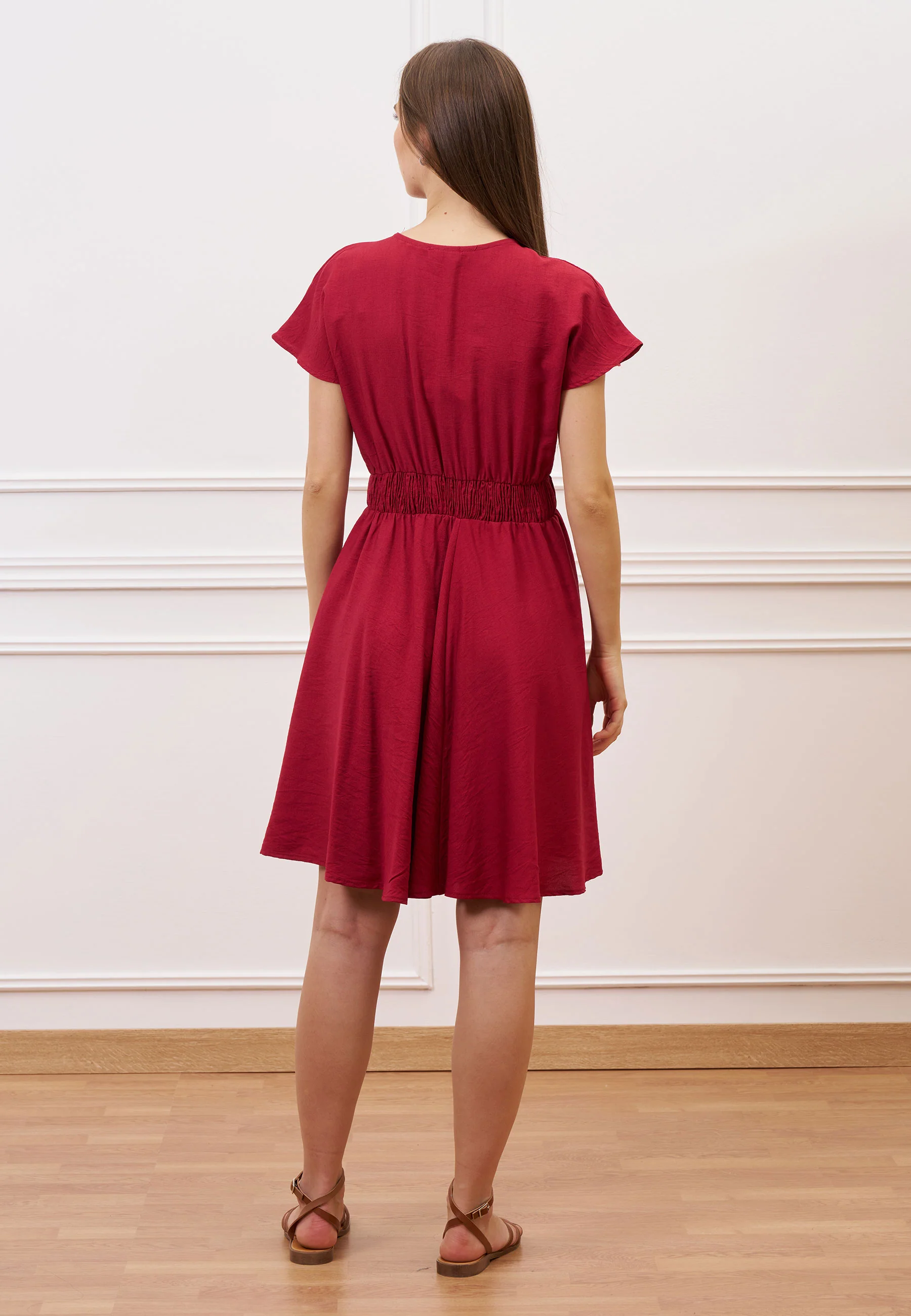 Vestito corto in viscosa con fiore - BORDEAUX - Image 5