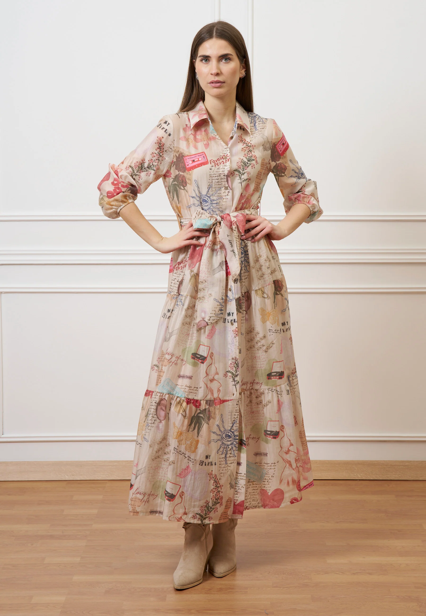 Vestito lungo chemisier con cintura - AVORIO/ROSA - Image 3