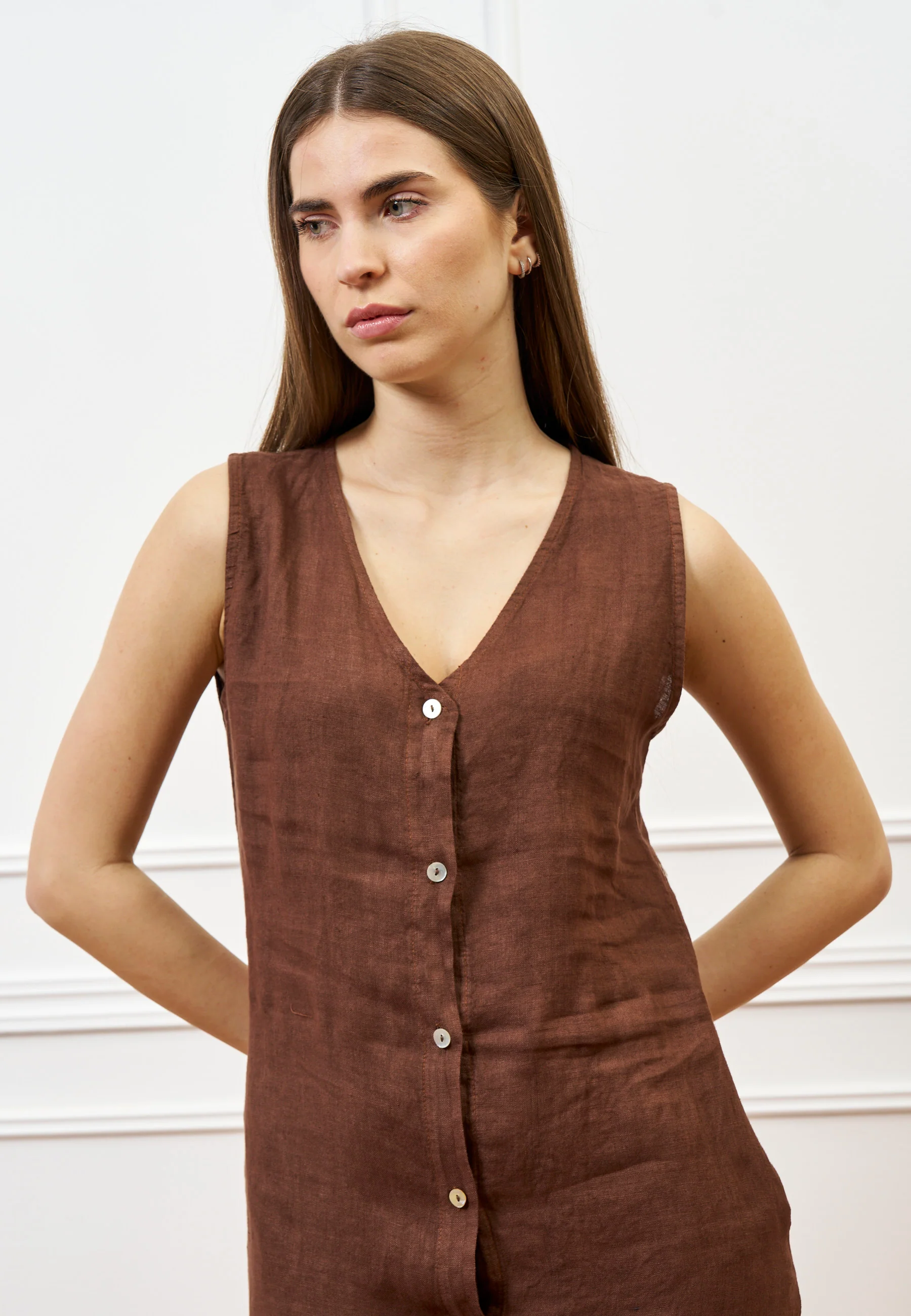 Vestito lungo con bottoni in lino - TABACCO - Image 3