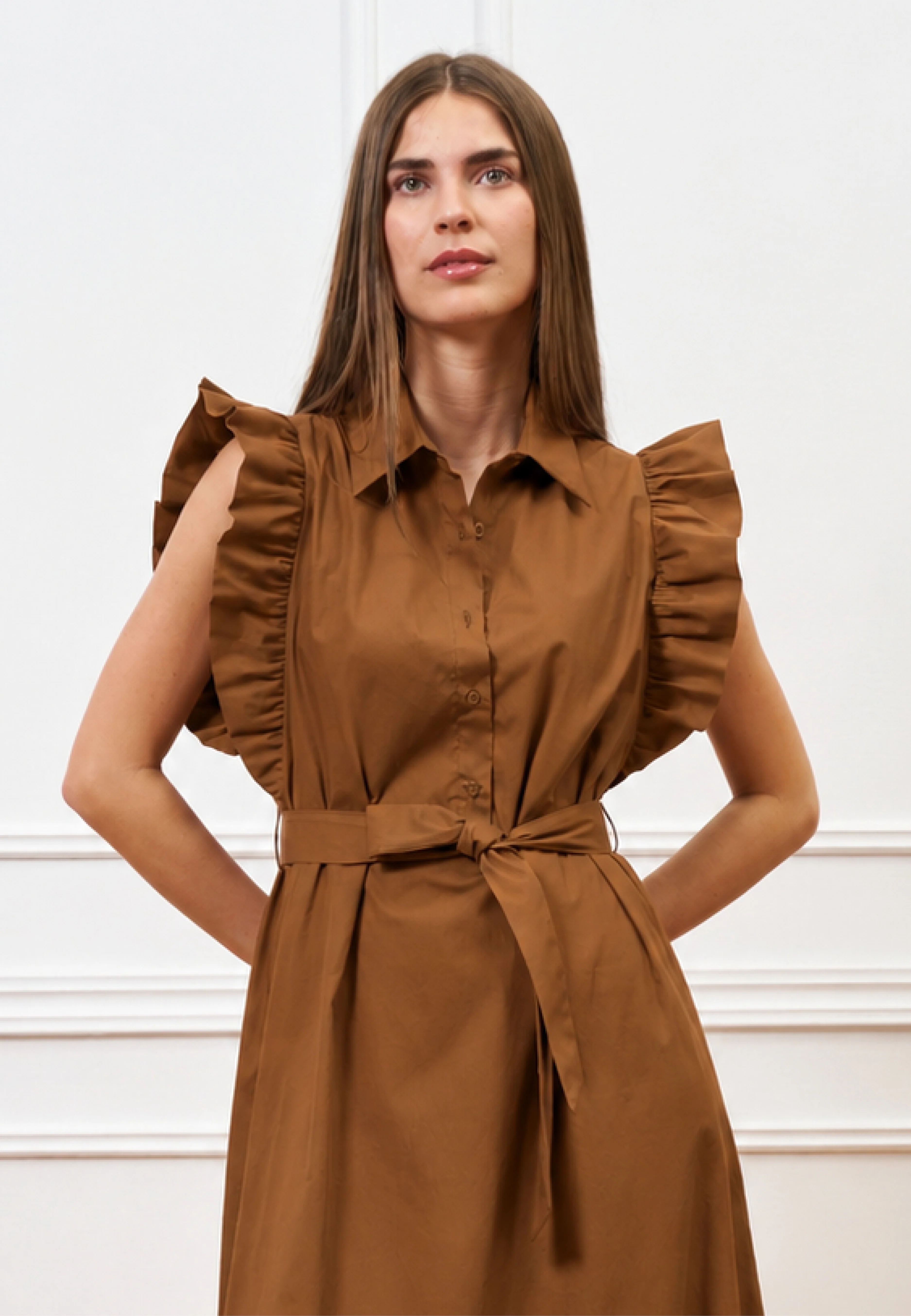 Vestito lungo con maniche volant - TABACCO - Image 2