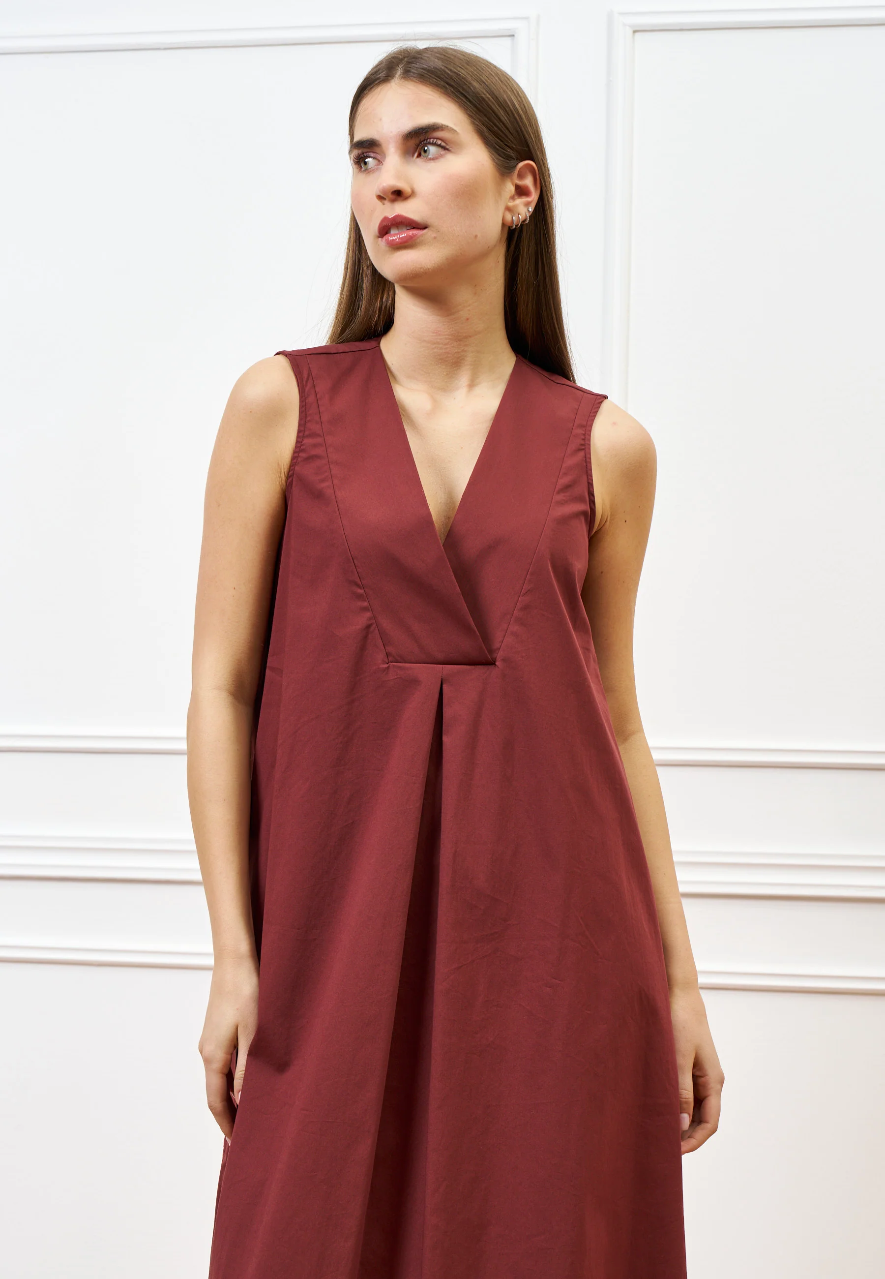 Vestito lungo smanicato in cotone - MARRONE - Image 3