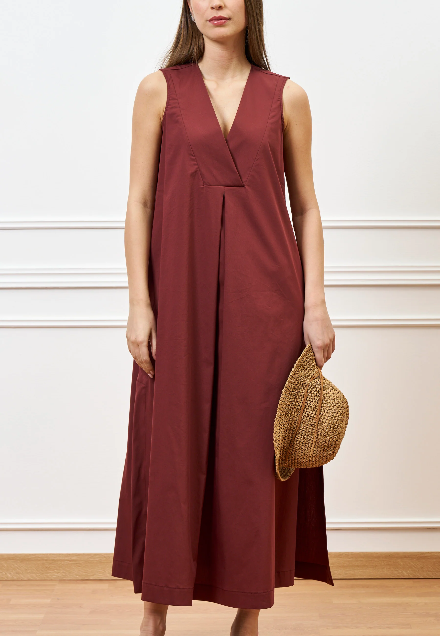 Vestito lungo smanicato in cotone - MARRONE - Image 4