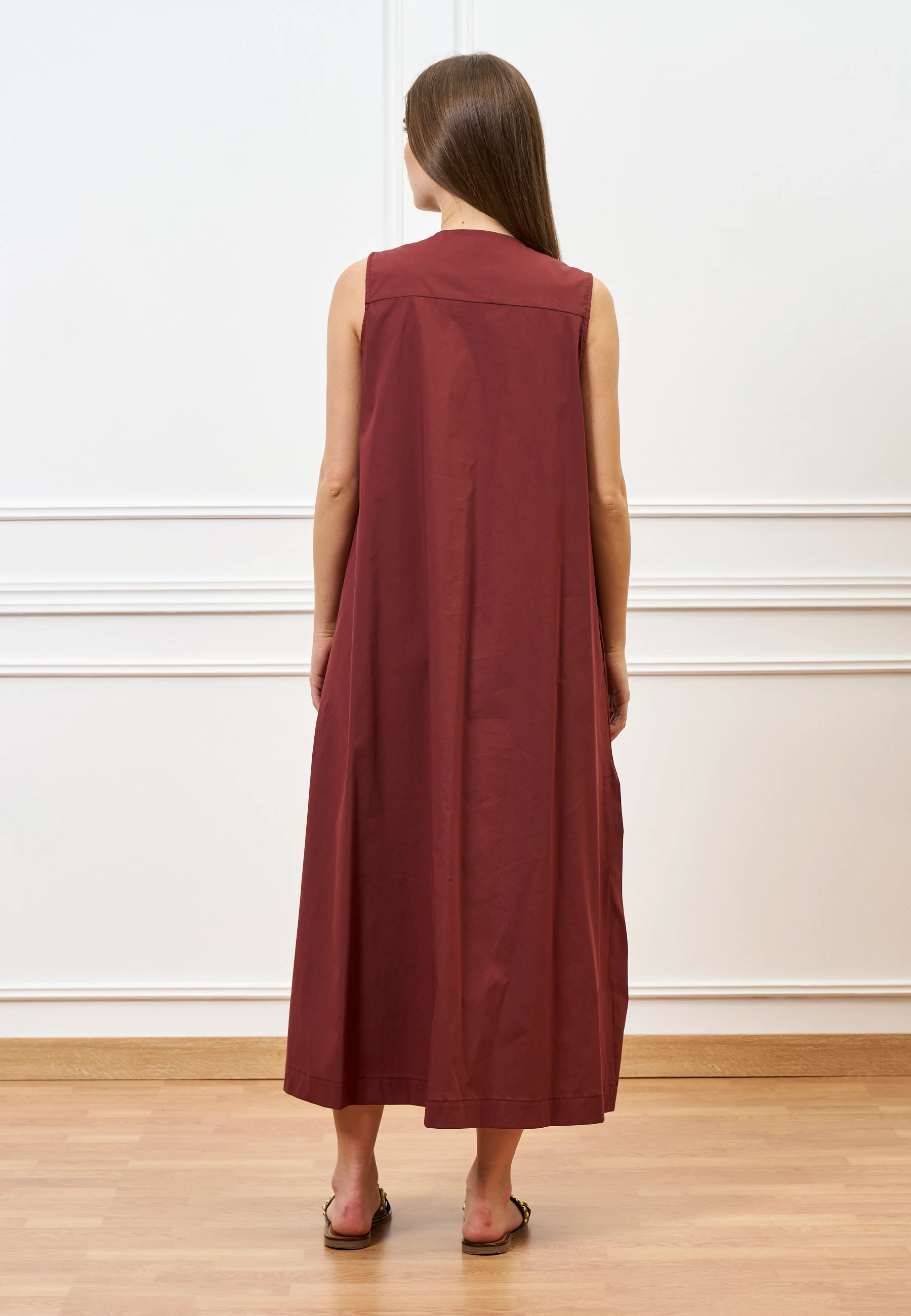 Vestito lungo smanicato in cotone - MARRONE - Image 5