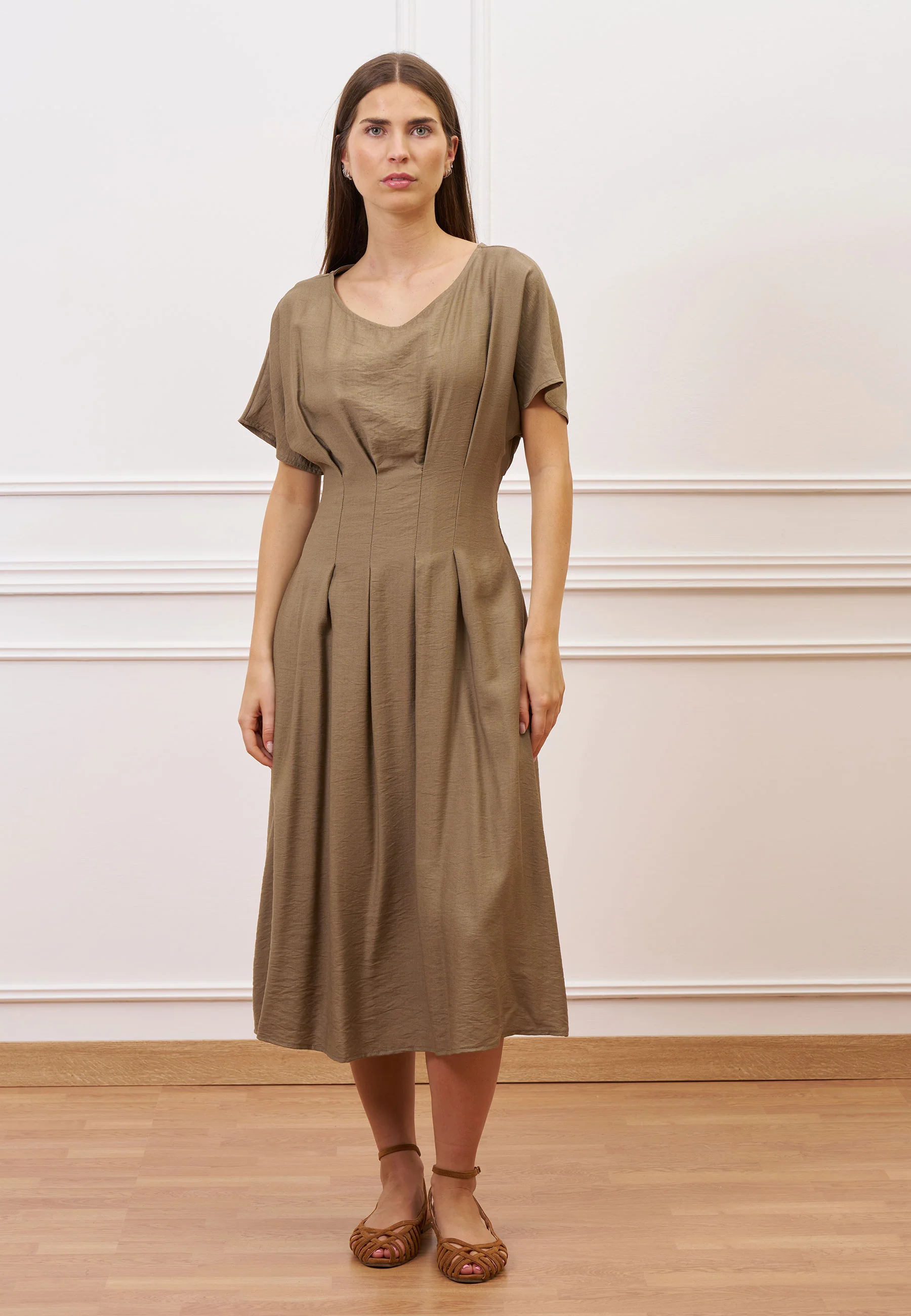 Vestito midi con pinces in vita - MILITARE - Image 3